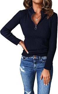 PRETTYGARDEN Maglioni pullover con zip autunnale da donna 2023 Top in maglia a costine con colletto a maniche lunghe, Navy, L