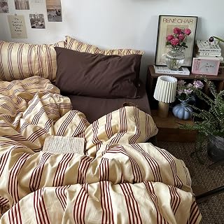 mixinni Retro Striped Duvet Cover Set Queen - 100% Natural Cotton 3-Piece Vintage Red Stripes Pattern Printed Bedding Set, Soft Breathable Comforter Cover with Zipper Closure & Corner Ties, Queen Size