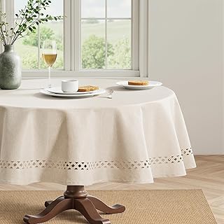 MIULEE Beige 60 Inch Round Linen Tablecloth with Decorative Cutouts | Waterproof Stain Resistant & Shrink-Proof Table Cloth, Farmhouse Style, for Dining Wedding Kitchen Party Outdoor
