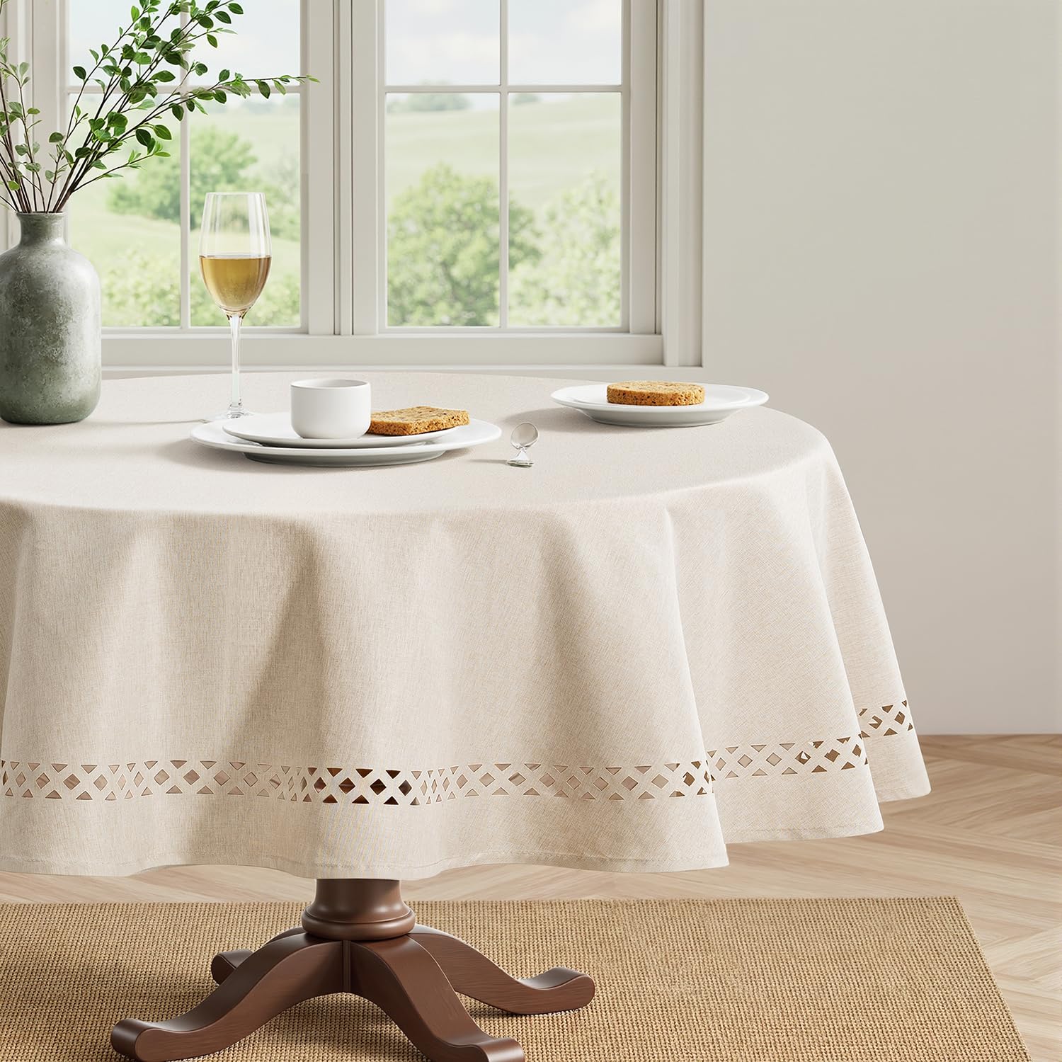 MIULEE Beige 60 Inch Round Linen Tablecloth with Decorative Cutouts | Waterproof