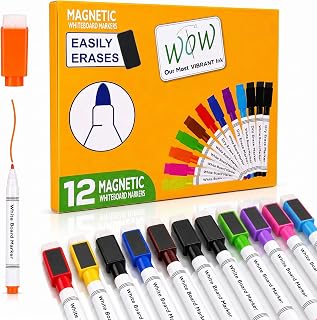 Inkspire 12 Pack Magnetic Whiteboard Markers, Bullet Tip Coloured Whiteboard Pens with Built in Eraser Cap, Low Odor, Refillable, Strong Magnet Grip, Quick Dry White Board Pens for School, Office