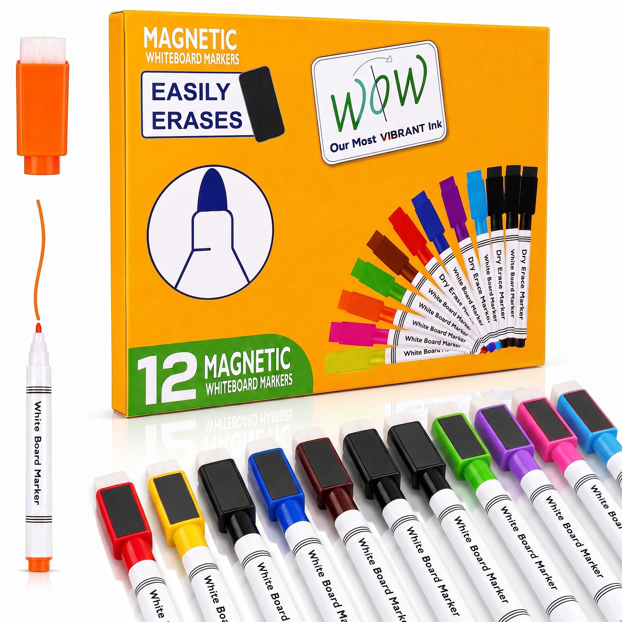 Inkspire 12 Pack Magnetic Whiteboard Markers, Bullet Tip Coloured Whiteboard Pen