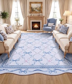 YIHOUSE Blue Bow Area Rug for Girls: 8x10 Washable Scalloped Floral Rugs