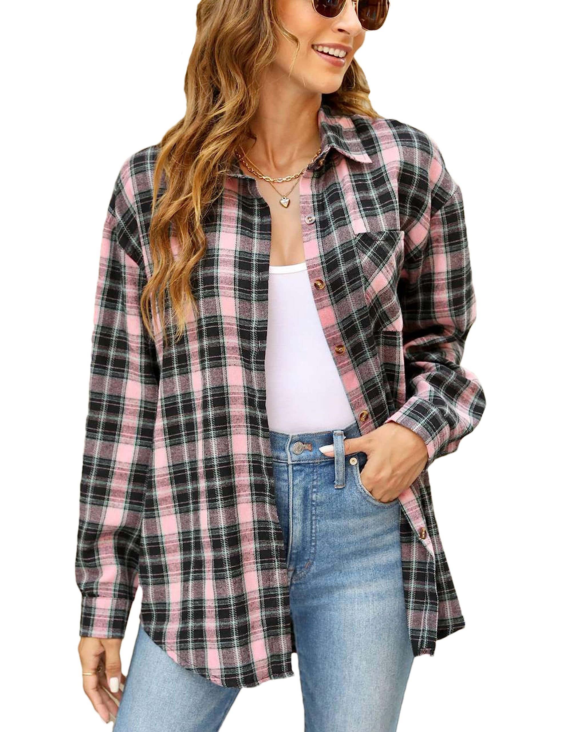Megfie Women's Oversized Flannel Shirt Plaid Soft Flannel Shirt Button Down Long
