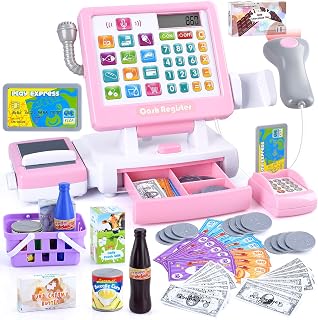 PLAY Kids Cash Register Toy - Pretend Play Calculator Register Toys with Microphone/Conveyors/Play Money/Scanner/Credit Card/Cans/Drink, 3+ Toddler Develops Early Math Skills Learning Toys