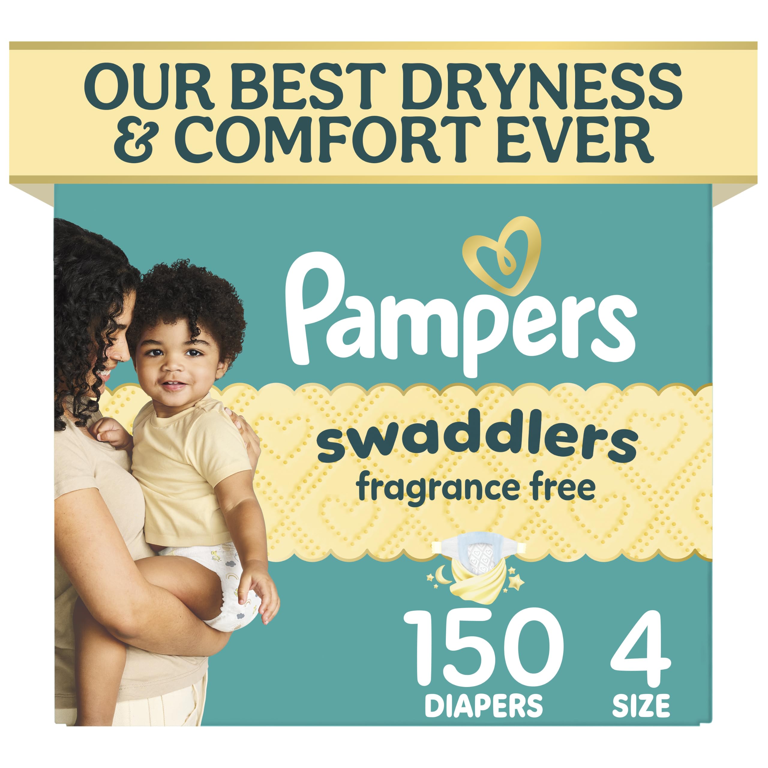 Pampers Swaddlers Diapers, Size 4 (15-34 lbs), 150 Count, Fragrance Free, Hypoal