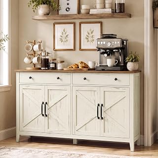 VASAGLE Farmhouse Buffet Cabinet, Coffee Bar with 2 Drawers | White Sideboard, 55.1 x 15.7 x 31.5 in, Adjustable Shelves, Rustic White and Honey Brown, LIRY Collection, UBBK381W01V1