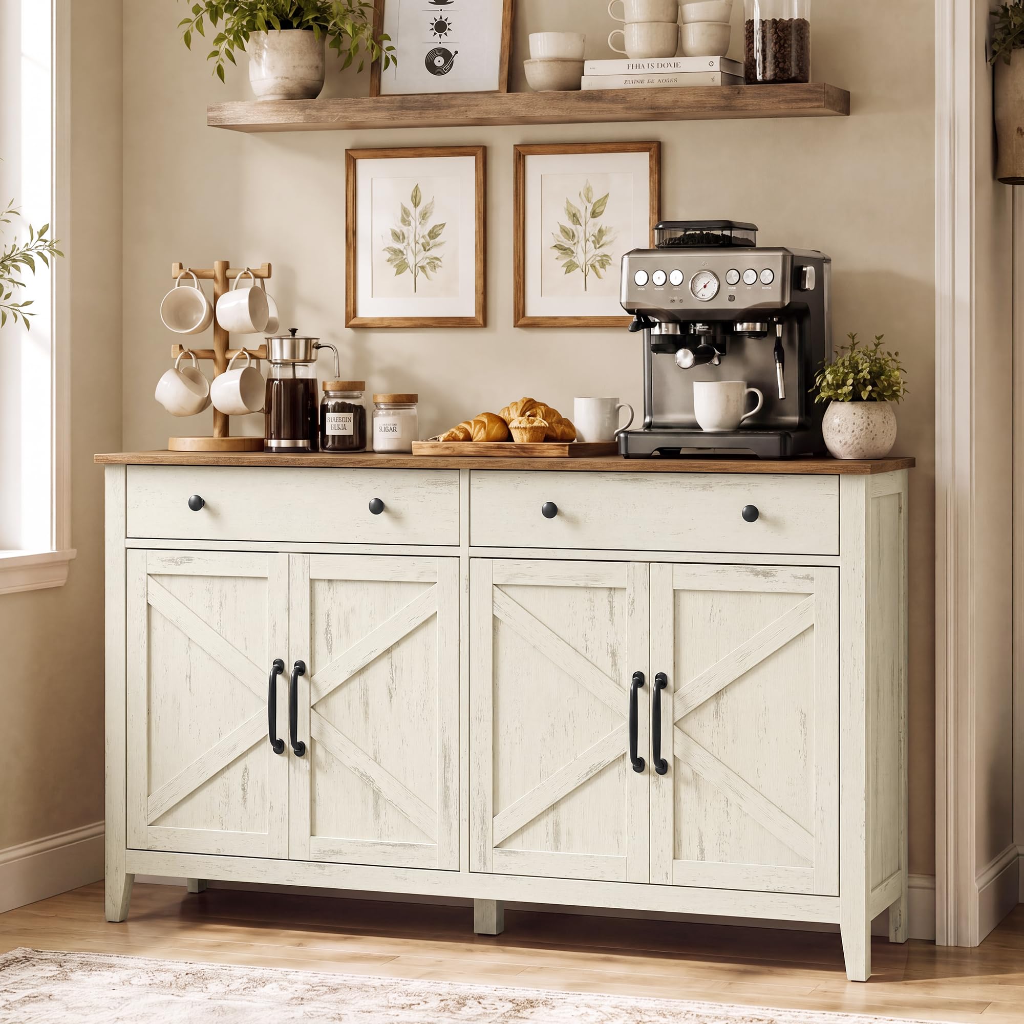 VASAGLE Farmhouse Buffet Cabinet, Coffee Bar with 2 Drawers | White Sideboard, 5