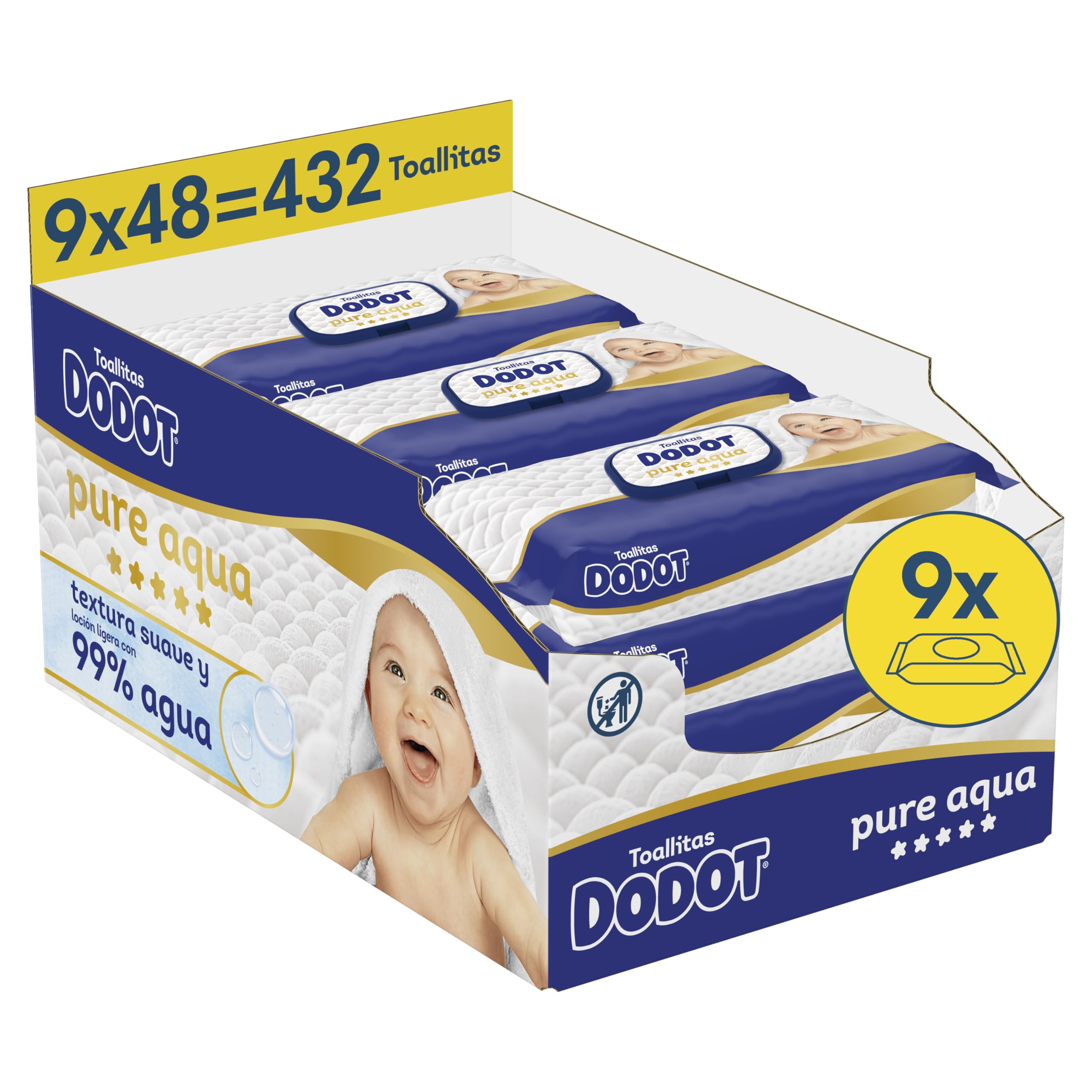 Dodot Pure Aqua Touch Baby Wipes 9 Packs of 48 Count = 432 Wipes, Soft | Smooth 