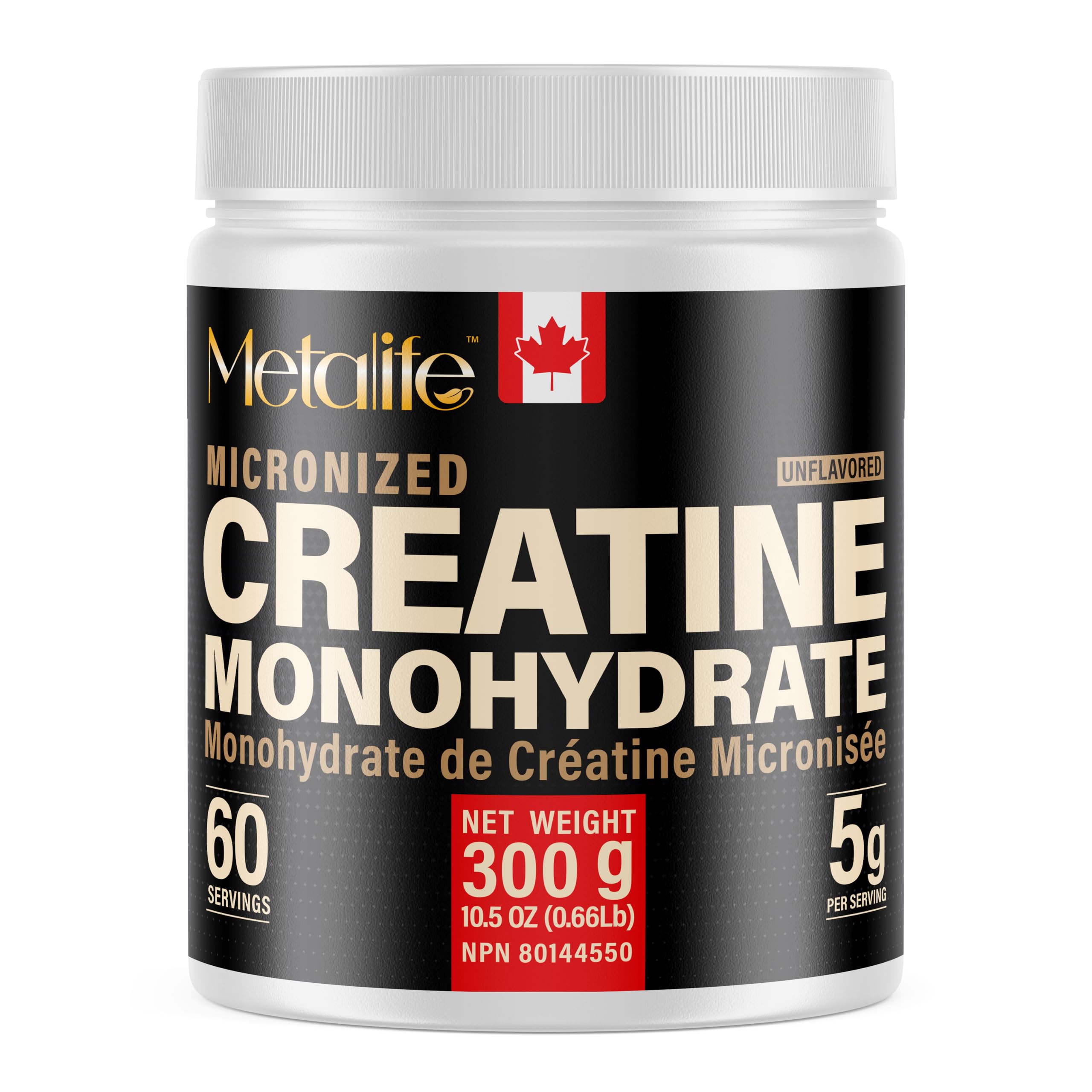 100% Pure Creatine Monohydrate Powder, Canada-Made, 300g (60 Servings)
