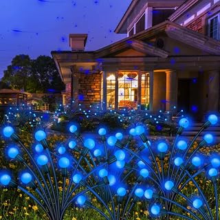 Kohlrabi Solar Garden Lights Outdoor, 4 Pack 32 LED Solar Blue Firefly Lights Waterproof, Starburst Wind Swaying Light for Outside Yard Patio Planter Flower Bed Walkway Christmas Decoration