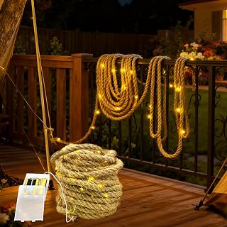 MEDOYOH 10M Rope Fairy Light Indoor of 200 LED, Hemp Rope String Lights Battery Power Rope Light Waterproof for Garden Patio Balcony Swing Trunk Decor