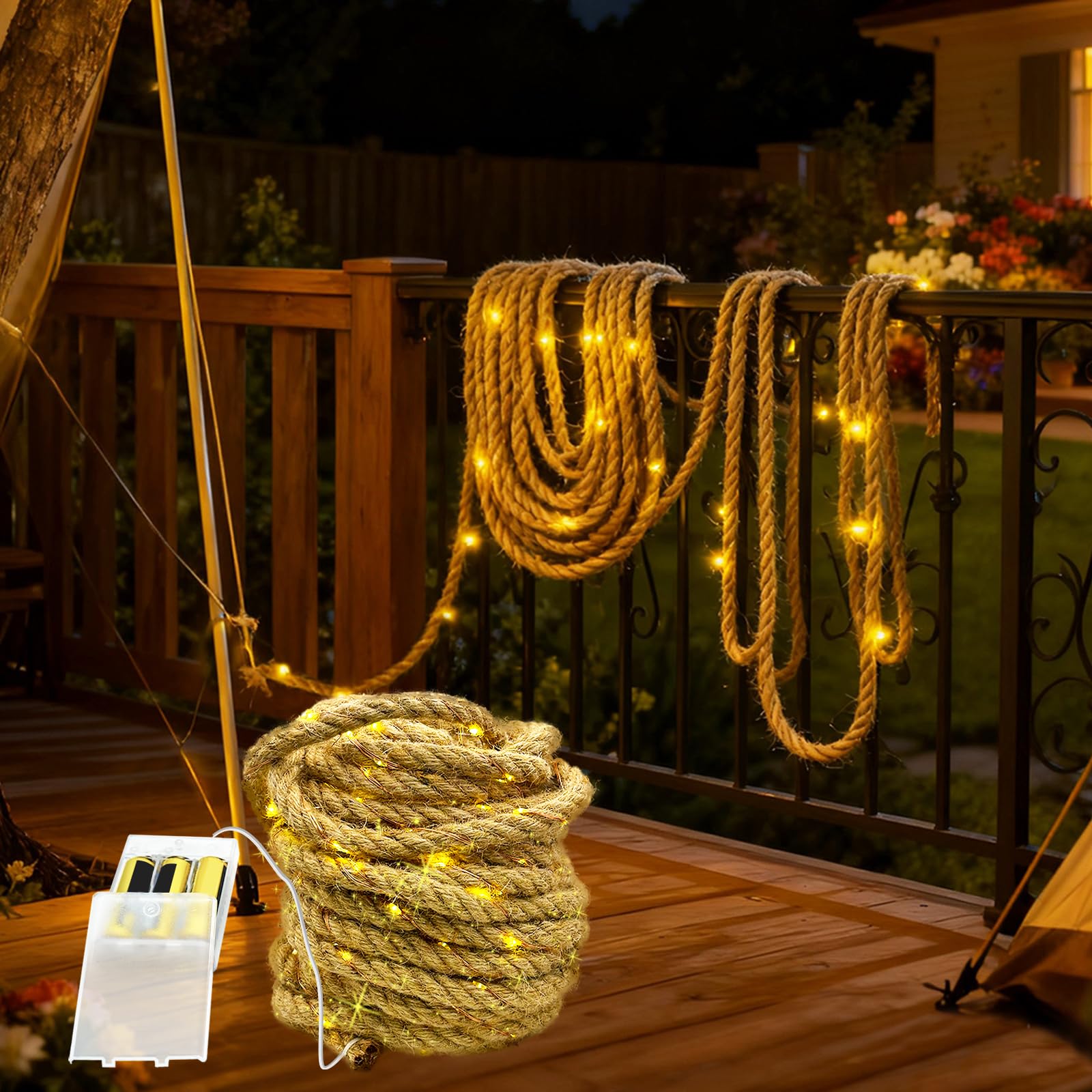 MEDOYOH 10M Rope Fairy Light Indoor of 200 LED, Hemp Rope String Lights Battery 
