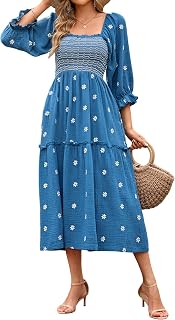 R.Vivimos Women's Long Sleeve Cotton Boho Midi Dress Vintage Square Neck Floral Embroidered Tiered Ruffle Flowy Pockets Dress