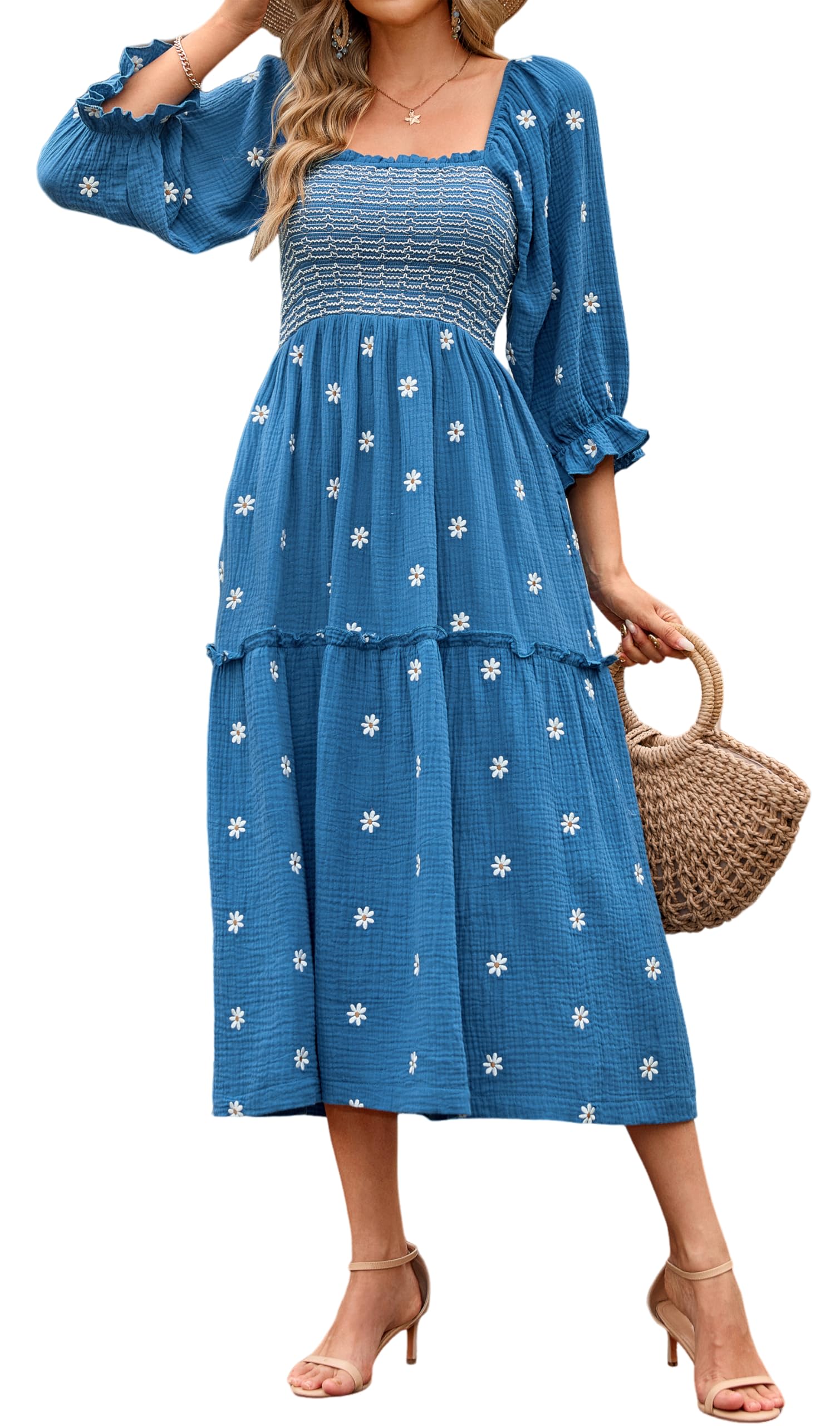 R.Vivimos Women's Long Sleeve Cotton Boho Midi Dress Vintage Square Neck Floral 