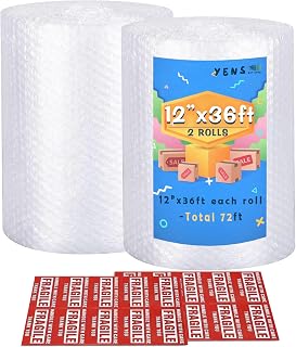 Yens Bubble Cushioning Wrap Rolls 2 Pack 12 Inch x 72 ft Perforated 12" | Nylon Bubble Cushioning Rolls 20 bonus Fragile Stickers Made in USA for Packing，Moving Boxes and Shipping