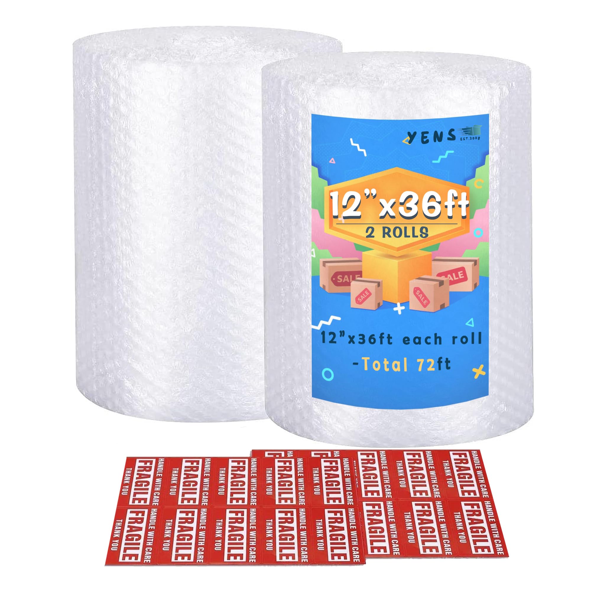 Yens Bubble Cushioning Wrap Rolls 2 Pack 12 Inch x 72 ft Perforated 12" | Nylon 