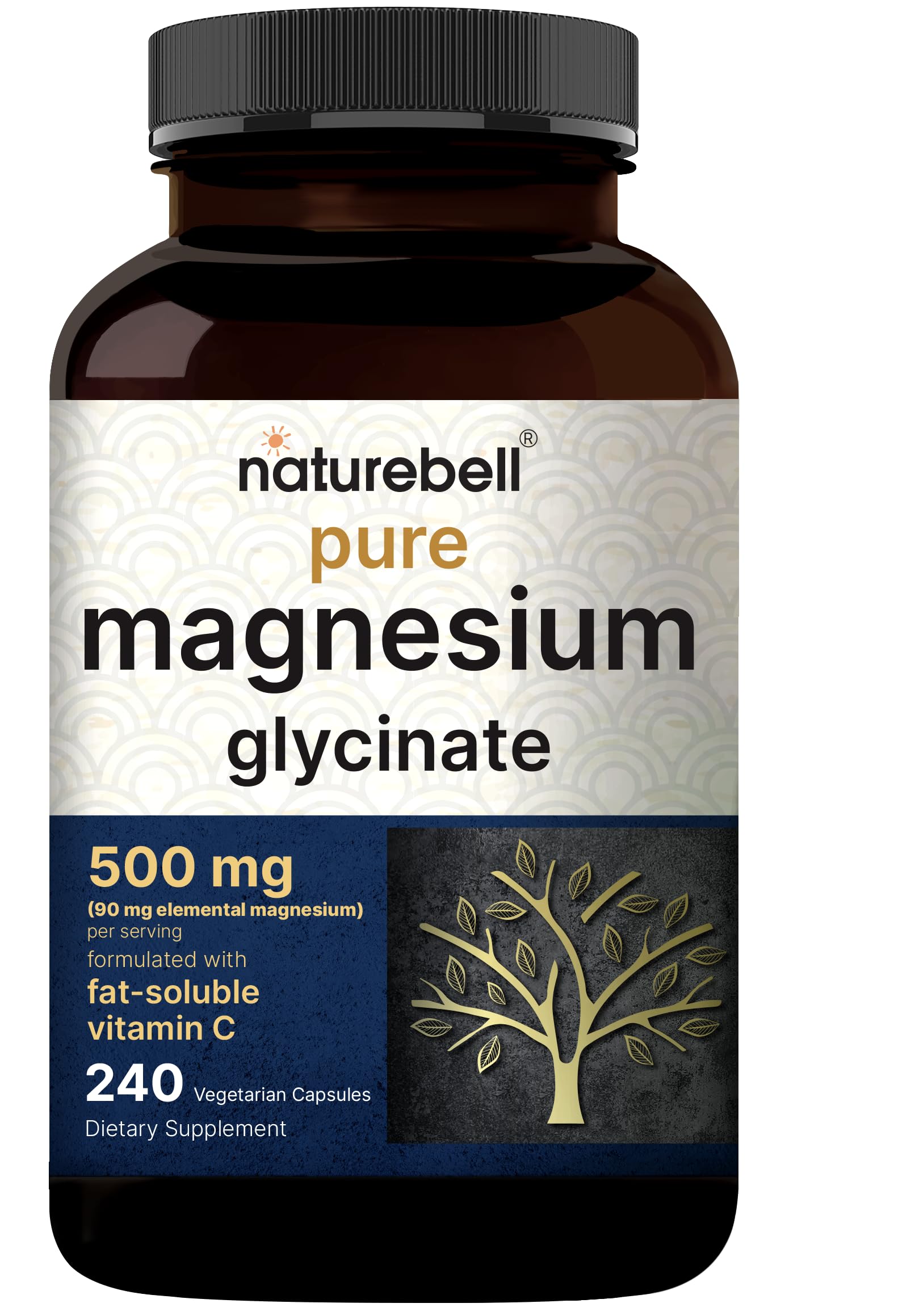 NatureBell Pure Magnesium Glycinate 500mg Per Serving, 240 Veggie Capsules | 100