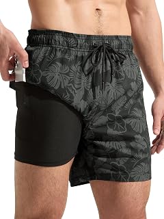 Arcweg Men's 2 in 1 Swim Shorts with Double Lining Breathable Quick Dry with Zipper Pocket and Adjustable Drawstring, Swimming Trunks for Sea, Swimming Pool