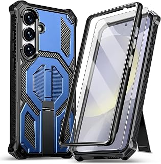 Full-Body Bumper Protective Case for Samsung Galaxy S24 Plus 5G Case [with 2 Screen Protector] Hidden Adjustable Metal Kickstand, Heavy-Duty Shockproof Rugged Magnetic Cover (Blue, Samsung S24 Plus)