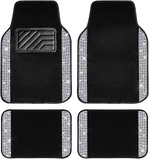 CAR PASS Bling Diamond Car Floor Mats, Shining Rhinestone Carpet Sparkly Glitter Crystal with Anti-Slip PVC Heel Pad Waterproof Universal Fit Automotive SUV,Sedan,Van,Cute Girl Women,4pcs Black Sliver