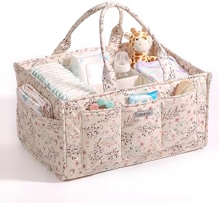 Extra Large Diaper Caddy Organizer – Big Baby Essentials Nursery Storage Basket, Splashproof Travel Tote for Twins, Gifts for Baby Shower, Beige Floral