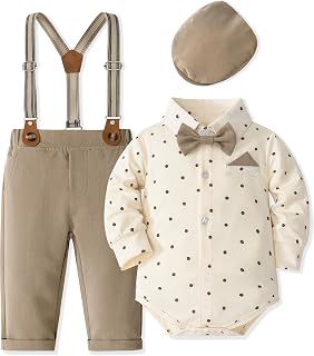 Volunboy Baby Boy Gentleman Set, Plaid Shirt with Bow Tie + Suspenders Pants 4 Pieces Suit Clothes