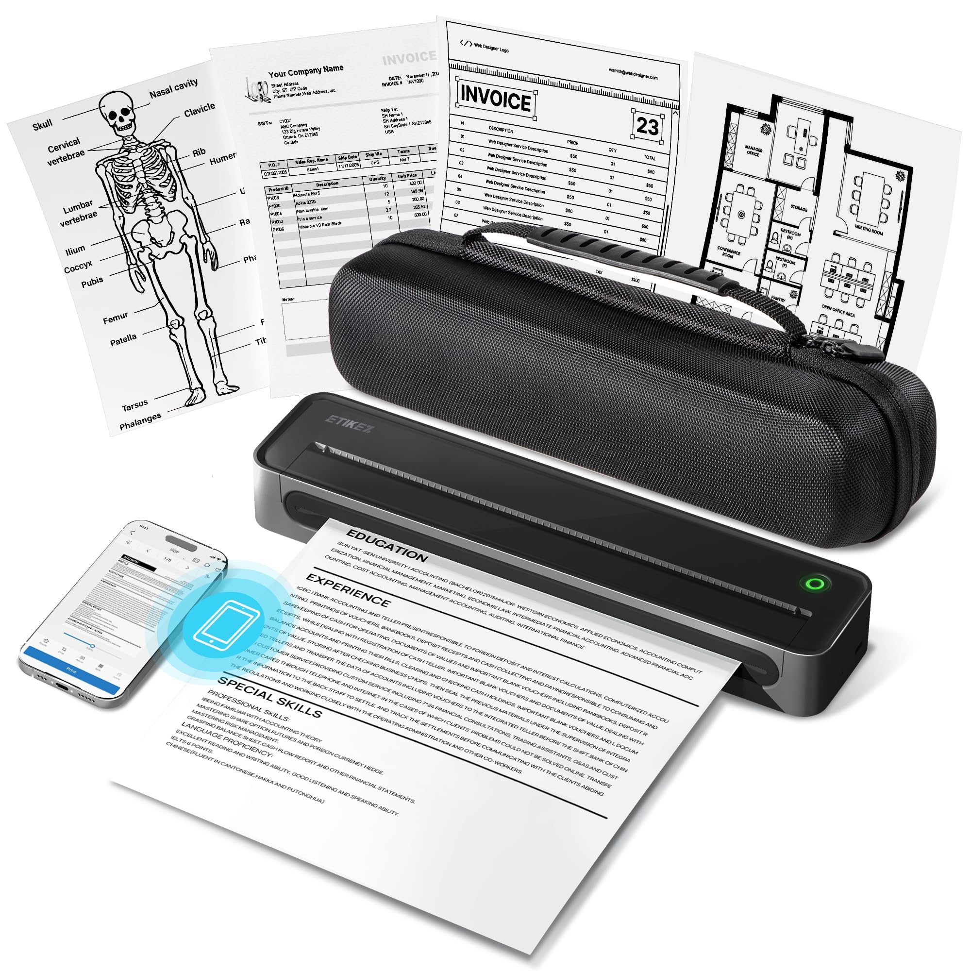 ETIKEZ D90E Inkless Portable Thermal Printer with Case – 8.5" x 11", Black | Wir