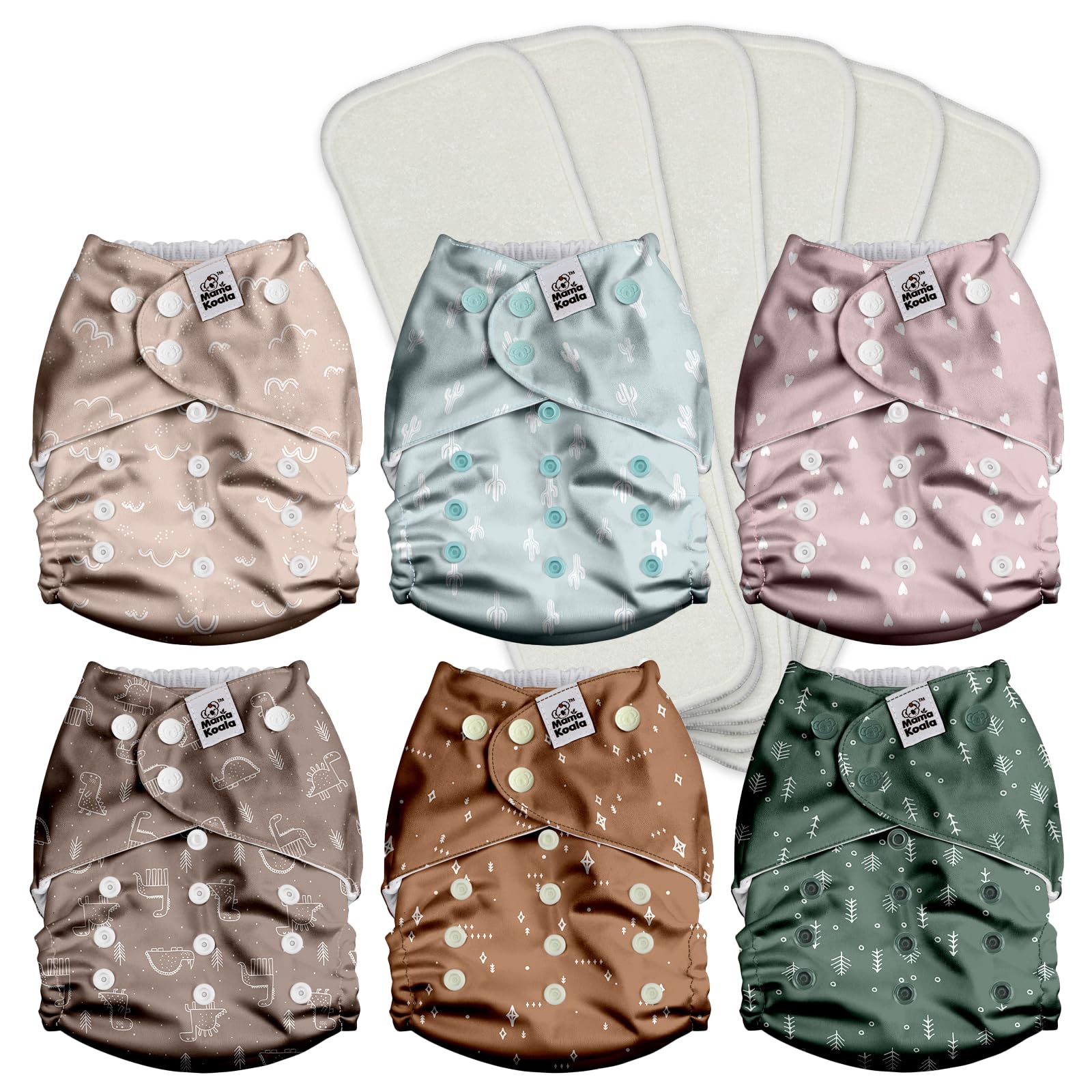 Mama Koala 3.0 Pocket Cloth Diapers for Babies with AWJ Lining, 6 Pack with 6 4-
