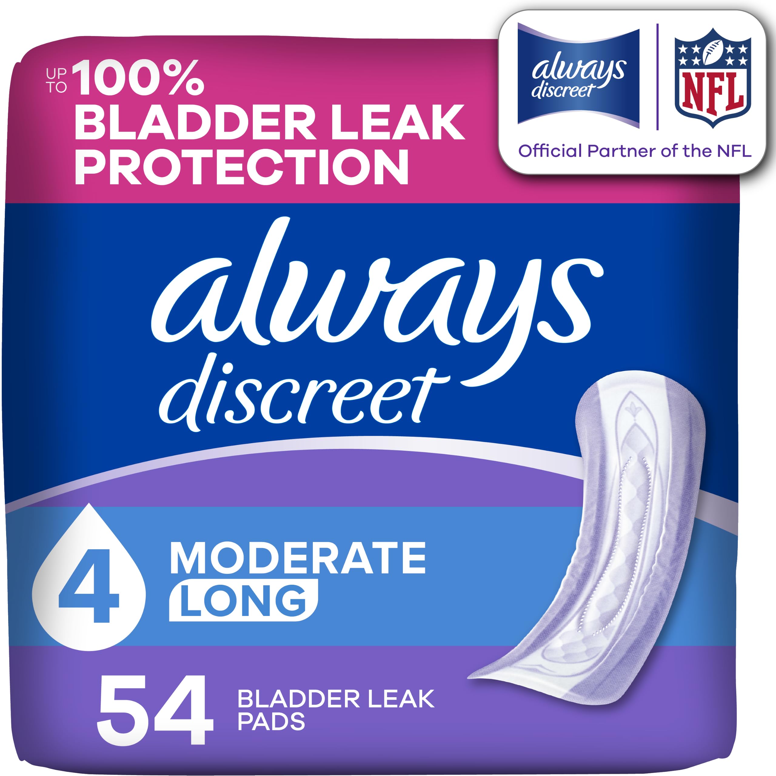 Always Discreet Adult Incontinence Pads for Women, Drier, 4 Drop Long Length, Mo