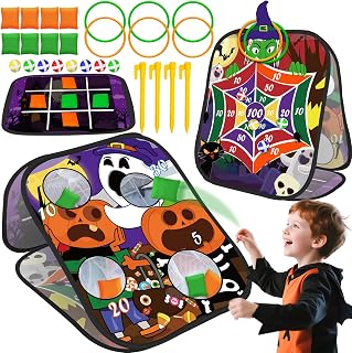 4-in-1 Halloween Party Games Set for Kids Adults | 3-Sided Board, 27 Pcs, Bean Bags/Rings/Sticky Ball/Tic-Tac-Toe, Outdoor/Indoor Yard, Carnival/Party Favors