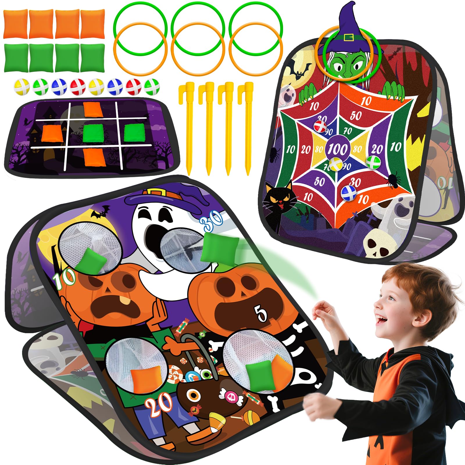 4-in-1 Halloween Party Games Set for Kids Adults | 3-Sided Board, 27 Pcs, Bean B