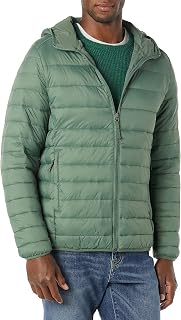 Amazon Essentials Men's Padded Jacket with Hood, Foldable, Lightweight and Rain Resistant