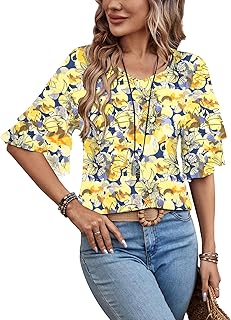 Sialois 3/4 Length Sleeve Tops Womens Blouses Ruffle V Neck Shirts Casual Tunic Spring Fall Clothes