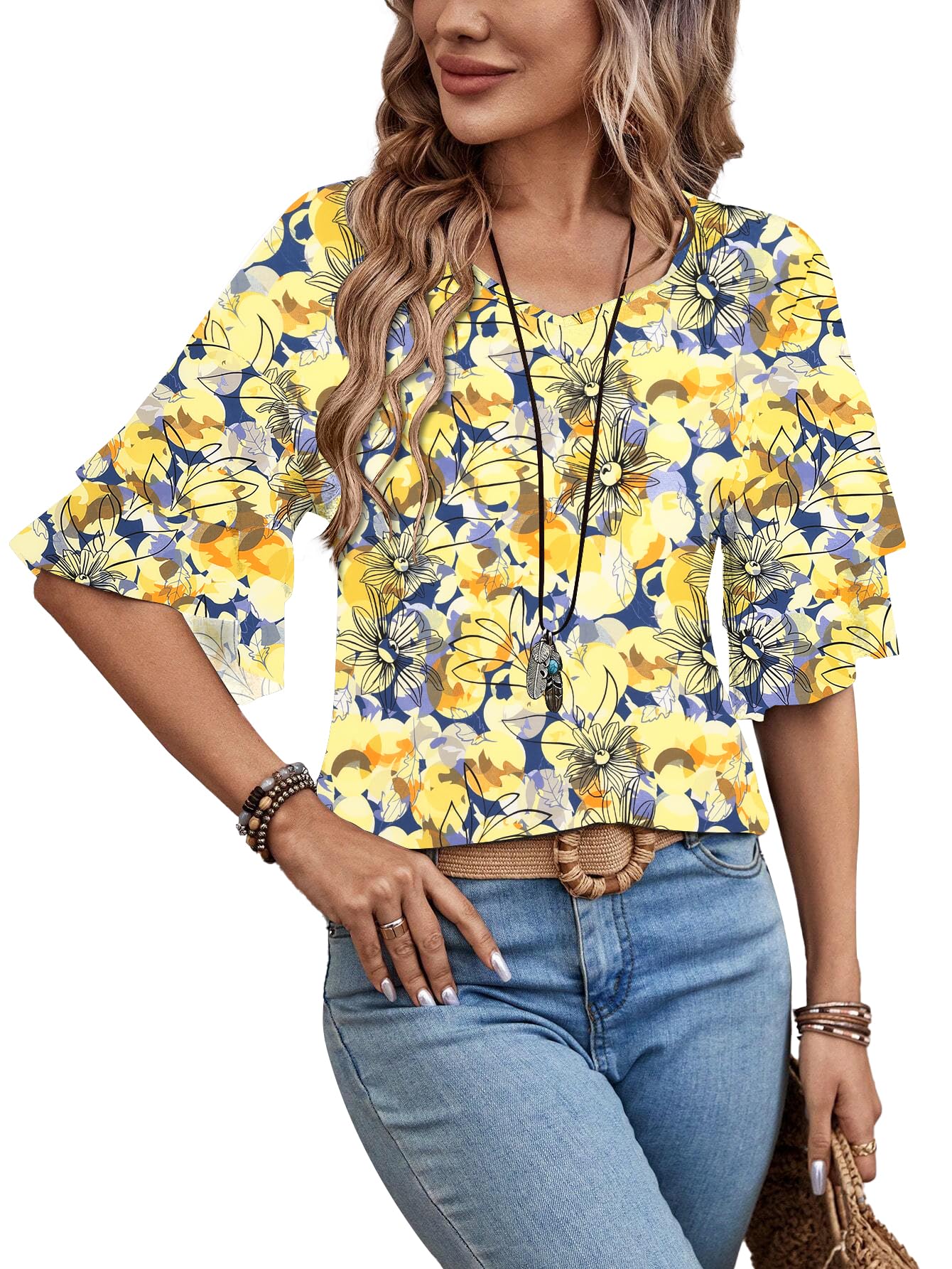 Sialois 3/4 Length Sleeve Tops Womens Blouses Ruffle V Neck Shirts Casual Tunic 