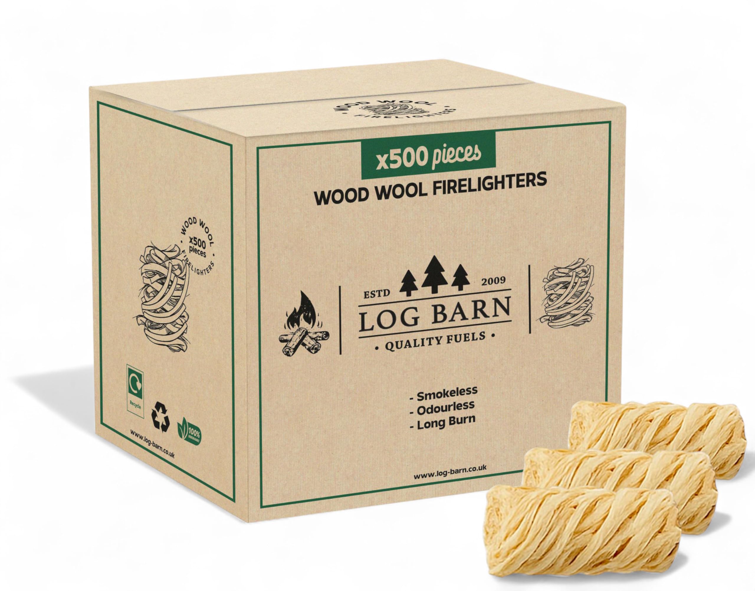 Log Barn Wood Wool Firelighters Box of 500. Fire Lighters for Wood Burners | Piz