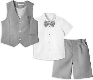 LOLANTA 4PCS Summer Wedding Suit for Children, Set of Vest and Shorts Linen for Children, Baptism Clothes Ceremony Party, Vest+Pants+Shirt+Bow Tie