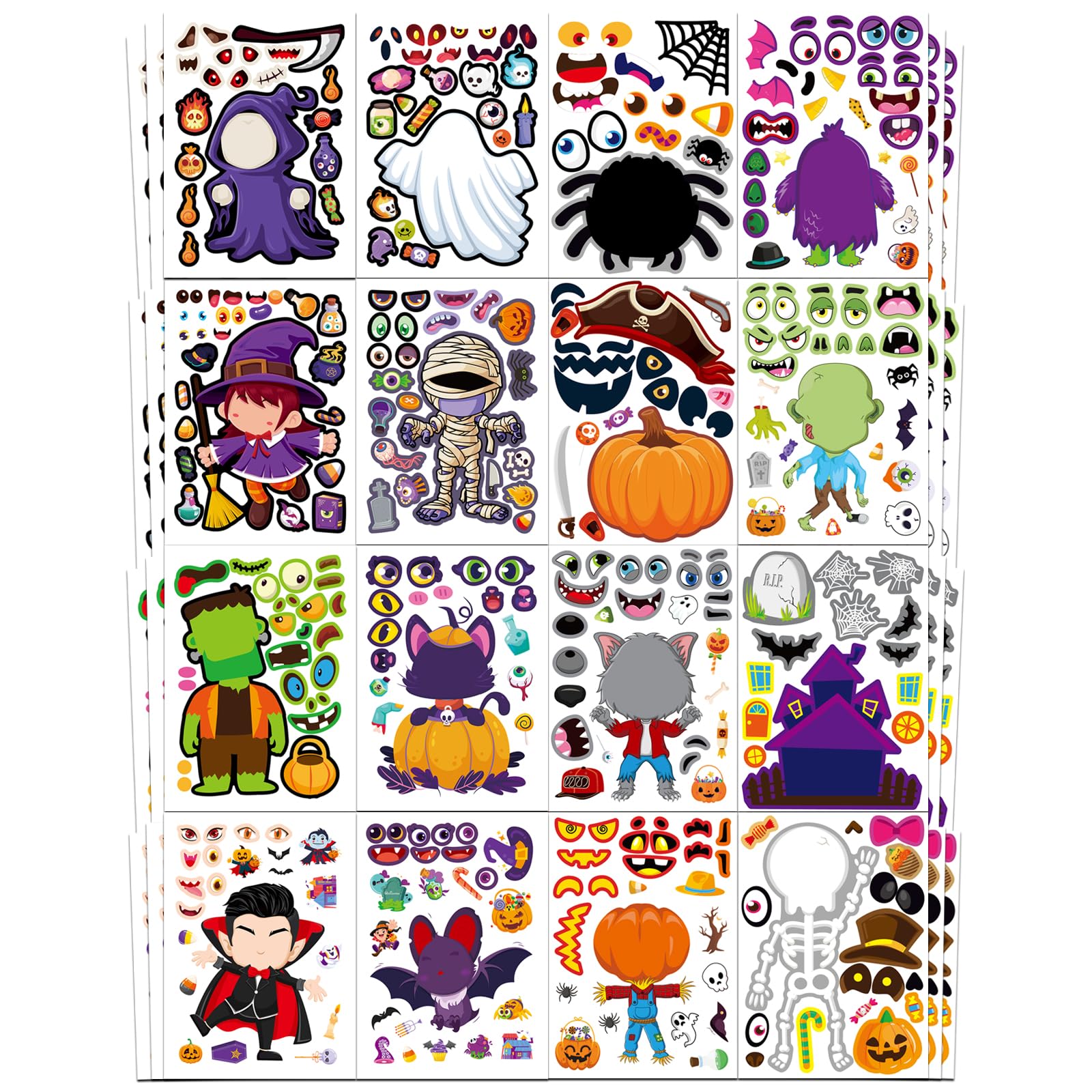 Aowplc 48 Halloween Make-a-Face Sticker Sheets for Kids, 16 Designs
