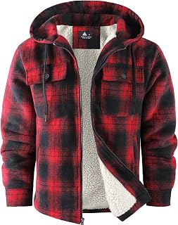 ZITY Mens Flannel Hooded Jacket Fleece Sherpa Lined Plaid Zip Up Sweatshirt