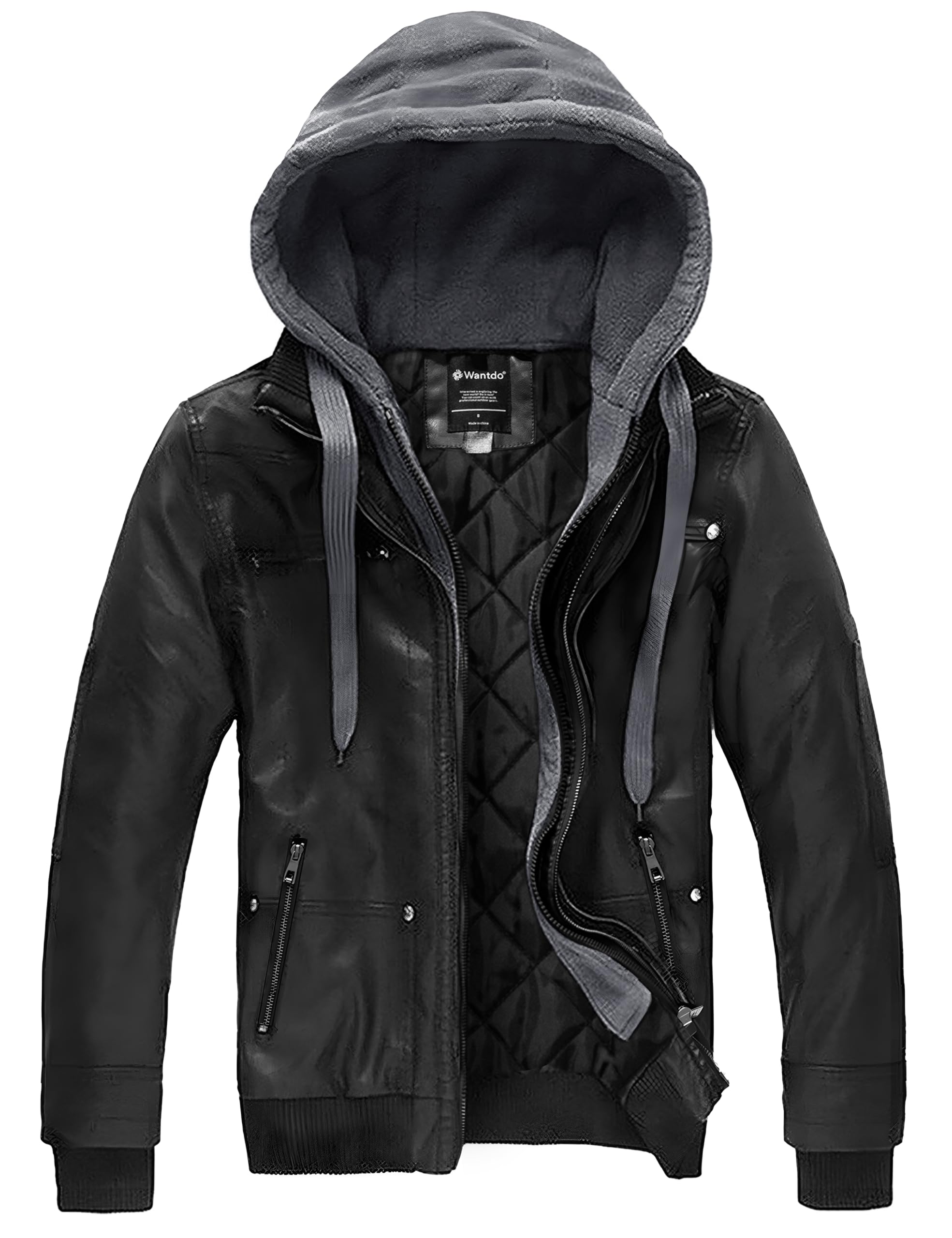 wantdo Giacca da uomo in finta pelle con cappuccio rimovibile giacca da moto cas