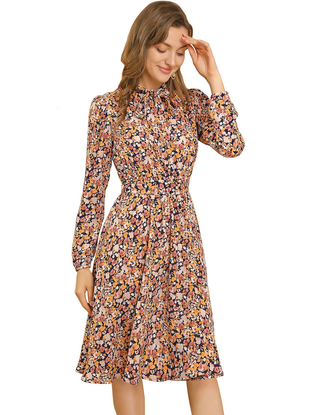 Allegra K Women's Tie Neck Chiffon Long Sleeve Vintage Floral Dress with Belt US