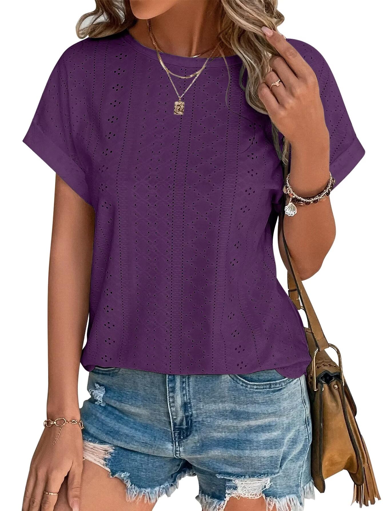 Bliwov Fashion Women Short Sleeve T Shirt with Curved Hem and Embroidery Eyelet 