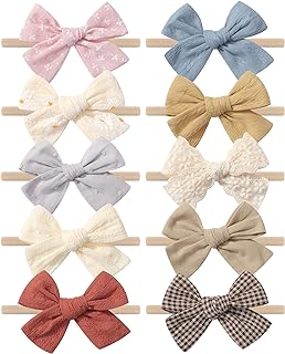 doboi 10 Pack Baby Girl Headbands with Bows, Soft Nylon Newborn Headbands | 3.15" baby bows | Floral, plaid &amp; textured styles | Newborn bows with gentle stretch | Cute bows for baby girls &amp; toddlers