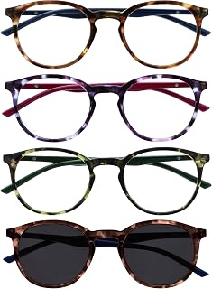OPULIZE MET Reading Glasses and Reading SunGlasses for Women Men, Round Frame, Brown,Purple,Green,Brown Sun +2 (Pack of 4)