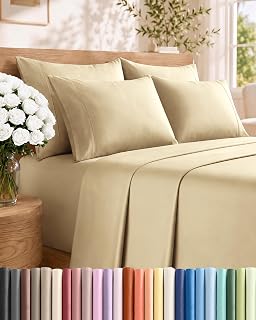 Queen 6 Piece Bed Sheet Set - Comfy, Breathable & Cooling Sheets - Beige