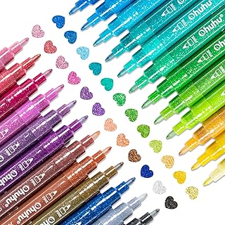 Ohuhu Acrylic Glitter Markers 24 Colors Fine Tip for Painting Coloring | AP Certified Glitter Paint Pens for Fine Details & Shimmer Accents, Water-Based & Quick Dry, for Crafts Cards Journaling