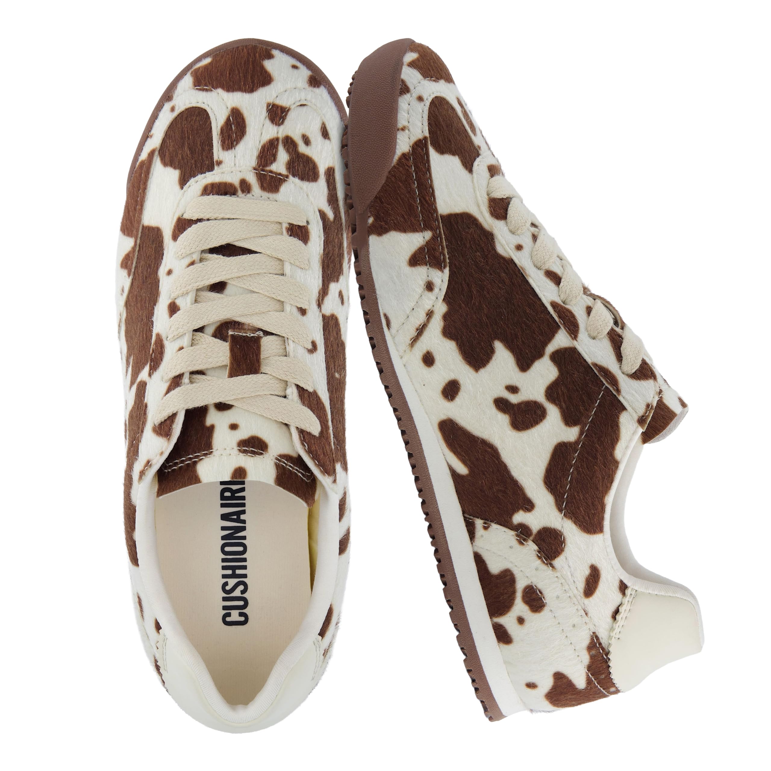 CUSHIONAIRE Techno Women’s Vegan Cow Print Calf-Hair Lace-Up Sneakers with Memor