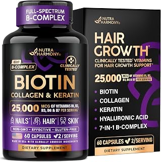 Biotin, Collagen & Keratin + Full B-Complex - Hair Growth Support - 60 Caps | Hair, Skin & Nails Vitamins - Clinically Tested Supplement for Men & Women - 25000mcg Vitamins B1, B2, B3, B6 & B7