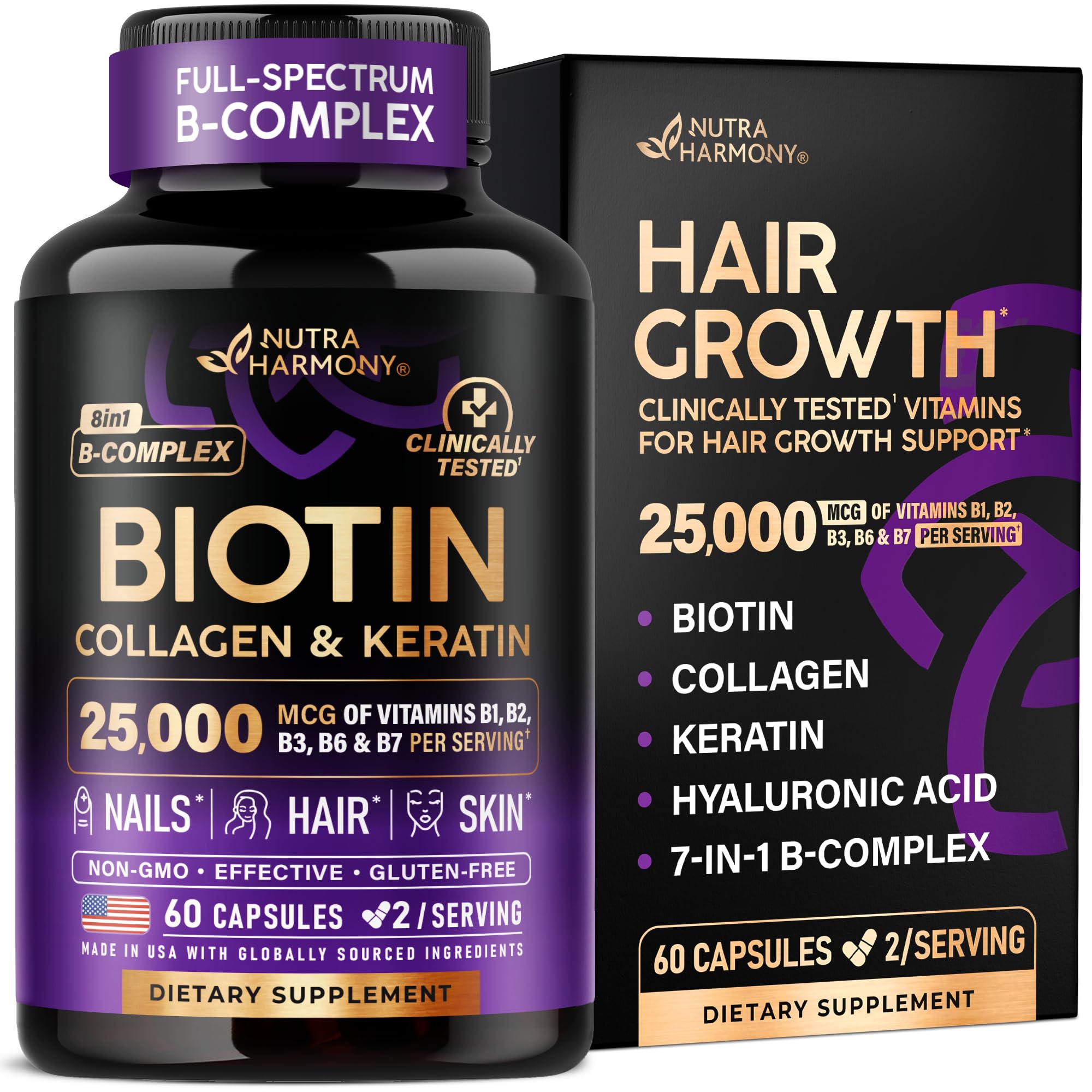 Biotin, Collagen & Keratin + Full B-Complex - Hair Growth Support - 60 Caps | Ha