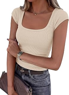PRETTYGARDEN T-shirt basique à manches courtes pour femme - Col carré - Coupe ajustée - Tricot côtelé - Haut de printemps - Vêtements d'été